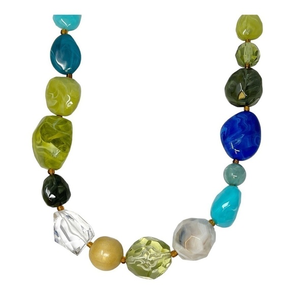 Multicolor Swirl Faceted Green Blue Clear Turquoise Color Lucite Beaded Necklace - Picture 4 of 7